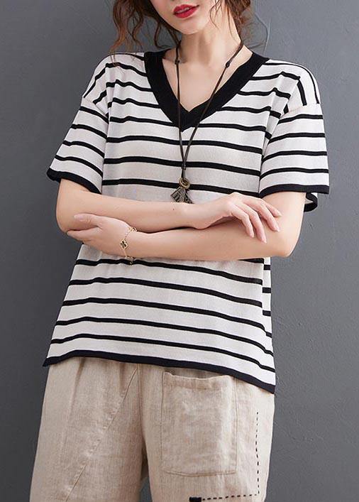 Vintage White Striped Cotton Linen Tops Summer - SooLinen