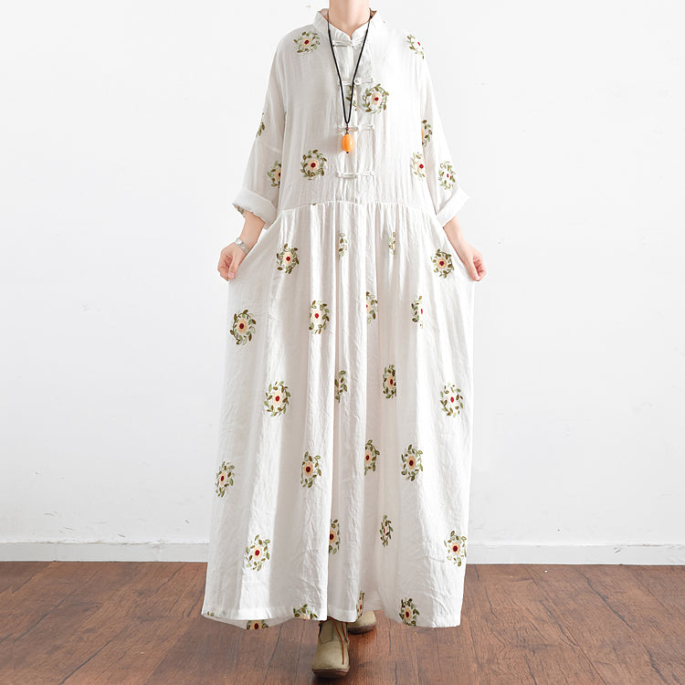 Vintage Weiß Bestickte Chiffon Kleider Lange Plus Größe Kaftane Übergroßen Kleid