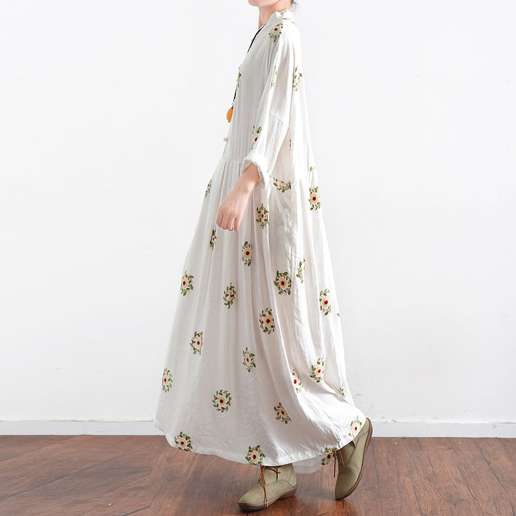 Vintage Weiß Bestickte Chiffon Kleider Lange Plus Größe Kaftane Übergroßen Kleid