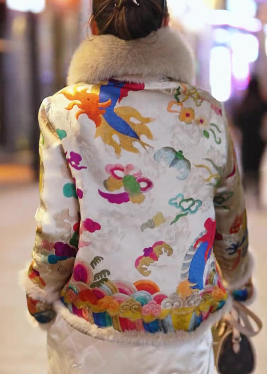 Vintage Yellow Fur Collar Embroidered Fine Cotton Filled Jacket Winter