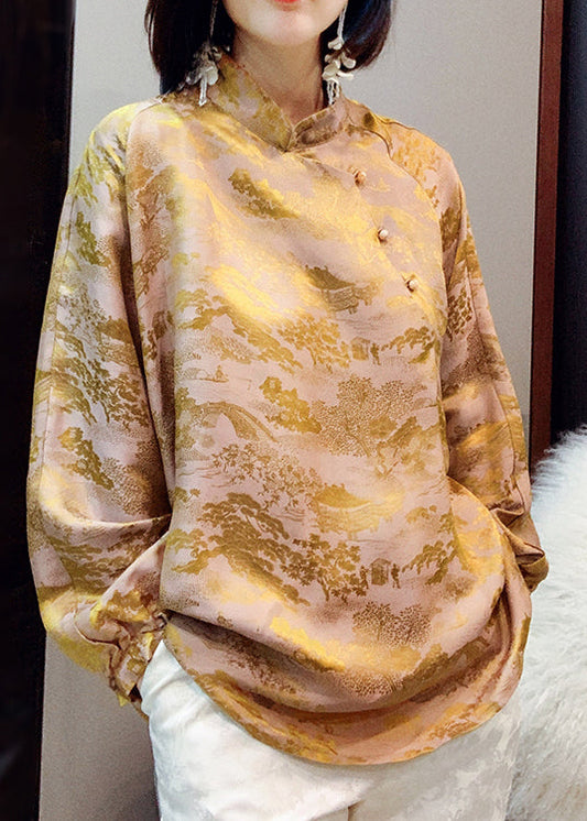 Vintage Gelbes Mandarin Kragen Knopf Jacquard Seidentop Laternenärmel