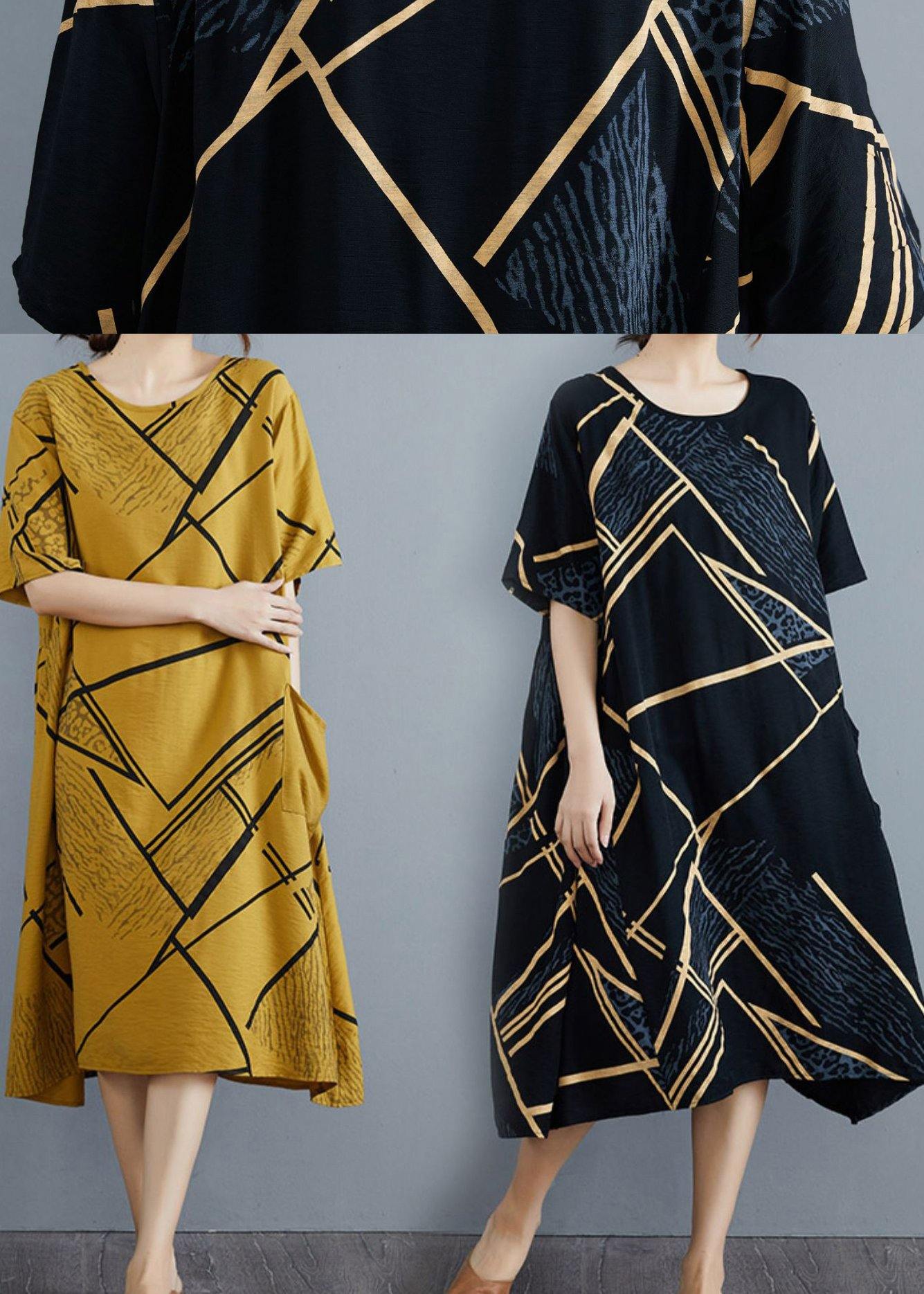 Vintage Yellow Print Pockets Cotton Linen Long Summer Dress - SooLinen