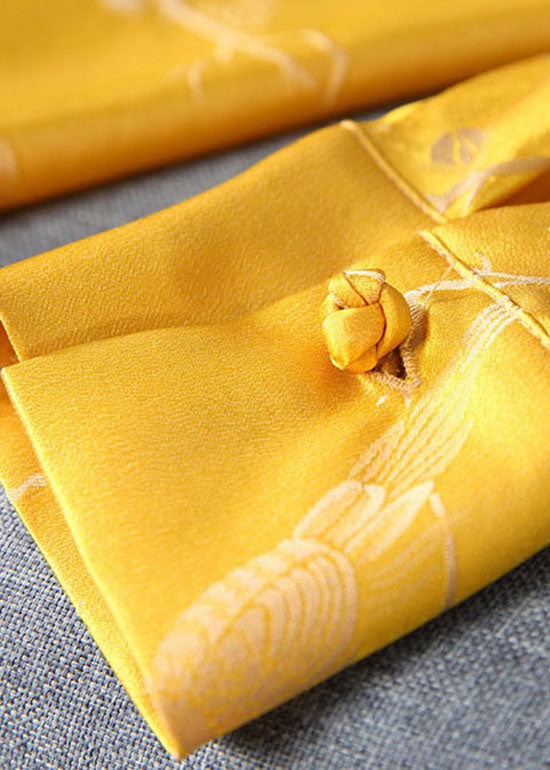 Vintage Gelb Stehkragen Knopf Jacquard Seide Tops Frühling