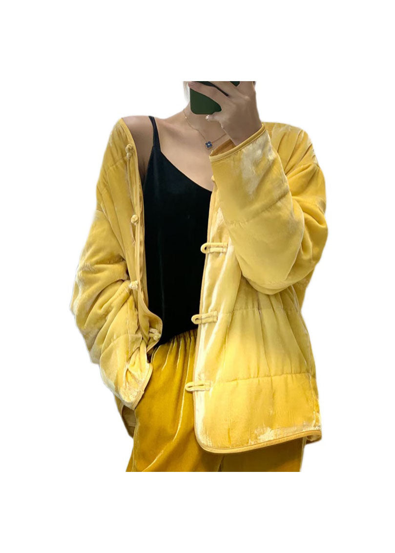 Vintage Gelber Knopf V-Ausschnitt Feine Baumwollfüllung Mäntel Winter