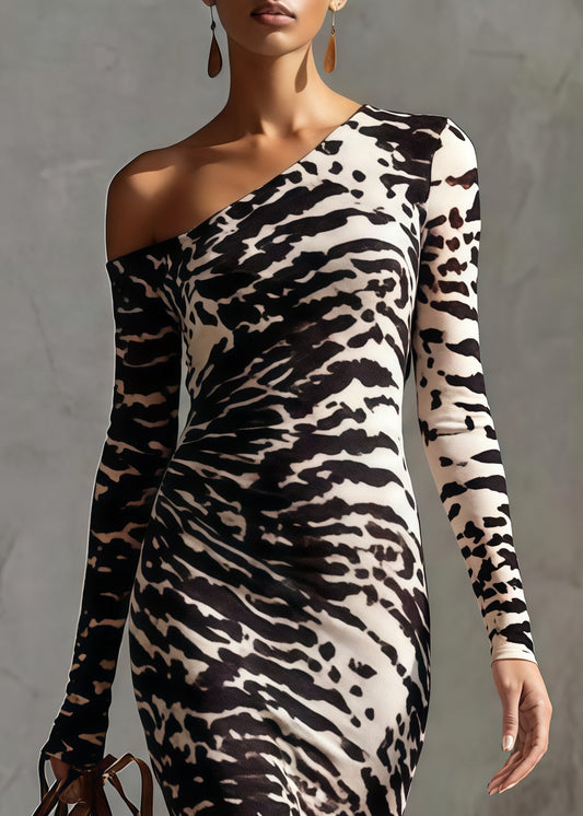 Vintage Zebra Pattern Print One Shoulder Design Cotton Long Dress Spring