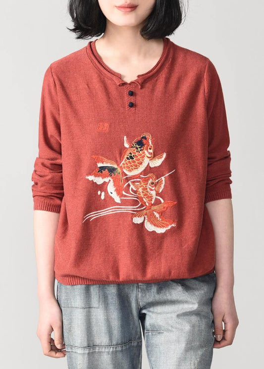 Vintage beige embroidery knit coats fall fashion o neck knit tops autumn - SooLinen