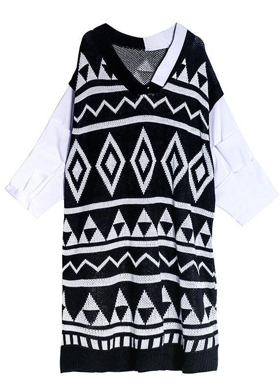 Vintage black Geometric Sweater Wardrobes Beautiful v neck DIY sweater dress - SooLinen