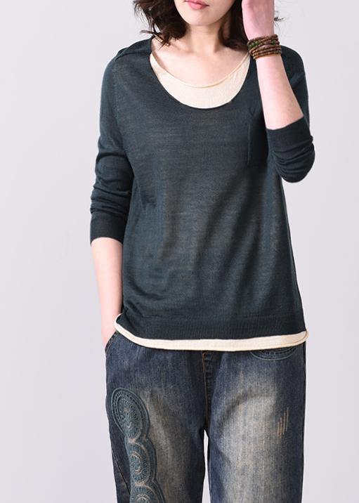 Vintage blackish green knit t shirt plussize o neck knit sweat tops false two pieces - SooLinen