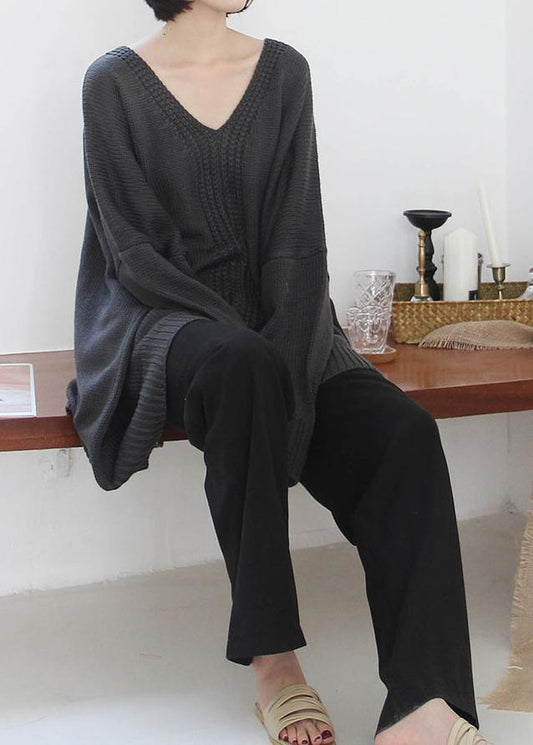 Vintage dark gray knitted blouse fall fashion v neck Batwing Sleeve knitted clothes - SooLinen