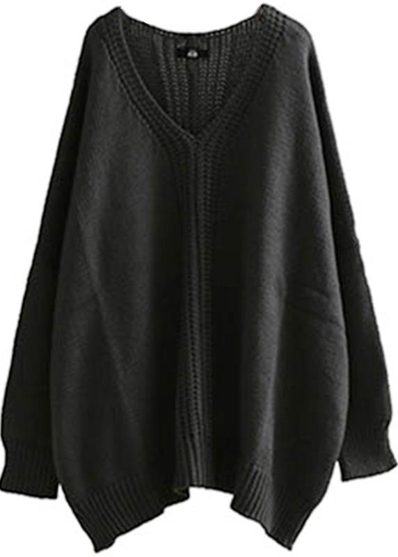 Vintage dark gray knitted blouse fall fashion v neck Batwing Sleeve knitted clothes - SooLinen