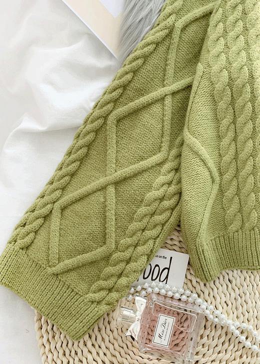 Vintage green knit sweat tops Loose fitting high neck thick knitted pullover - SooLinen