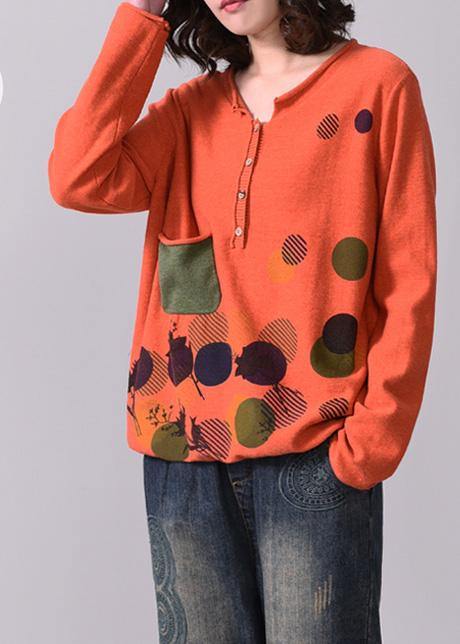 Vintage long sleeve v neck knit blouse trendy plus size fall prints sweaters orange - SooLinen