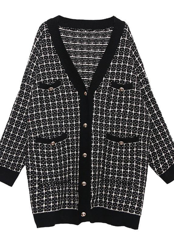 Vintage plaid black knitwear casual v neck cardigans - SooLinen