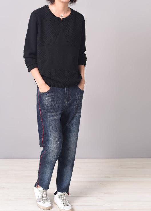 Vintage solid color sweater plus size black patchwork sweaters o neck - SooLinen