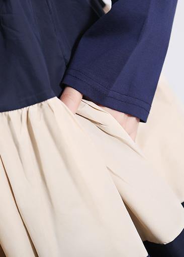 Vivid blue cotton outfit long sleeve A Line patchwork Dress - SooLinen