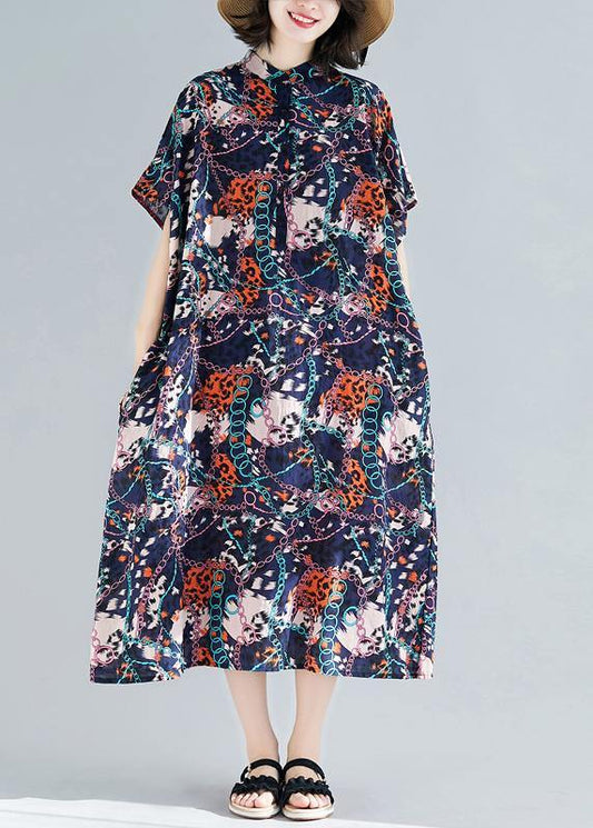 Vivid dark blue print cotton linen outfit stand collar pockets summer Dresses - SooLinen