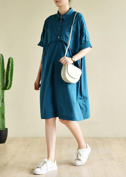 Vivid lapel patchwork summer Wardrobes Runway blue Dresses - SooLinen