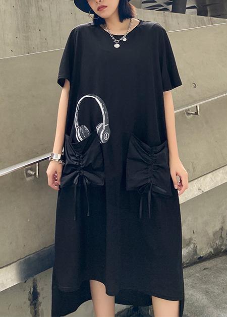 Vivid o neck pockets cotton summer quilting clothes Work Outfits black print Maxi Dress - SooLinen