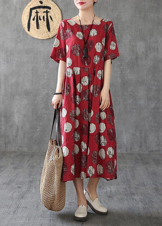 Vivid o neck Cinched linen dress Robes Tunic Tops red dotted Dresses - SooLinen