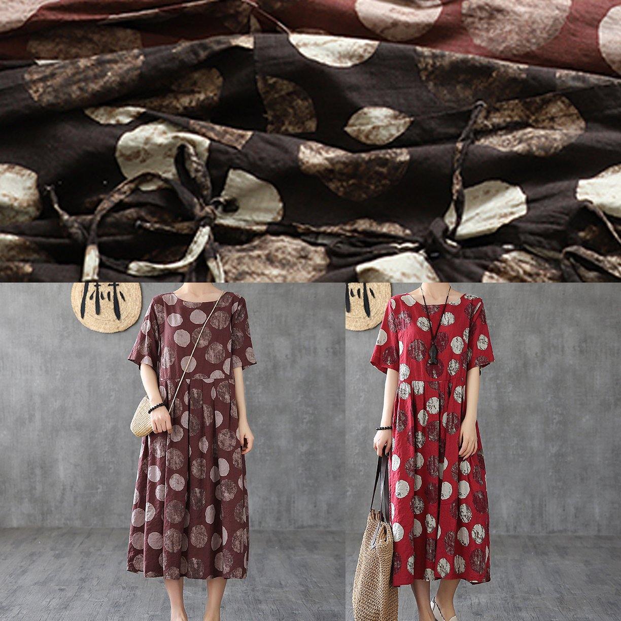 Vivid o neck Cinched linen dress Robes Tunic Tops red dotted Dresses - SooLinen