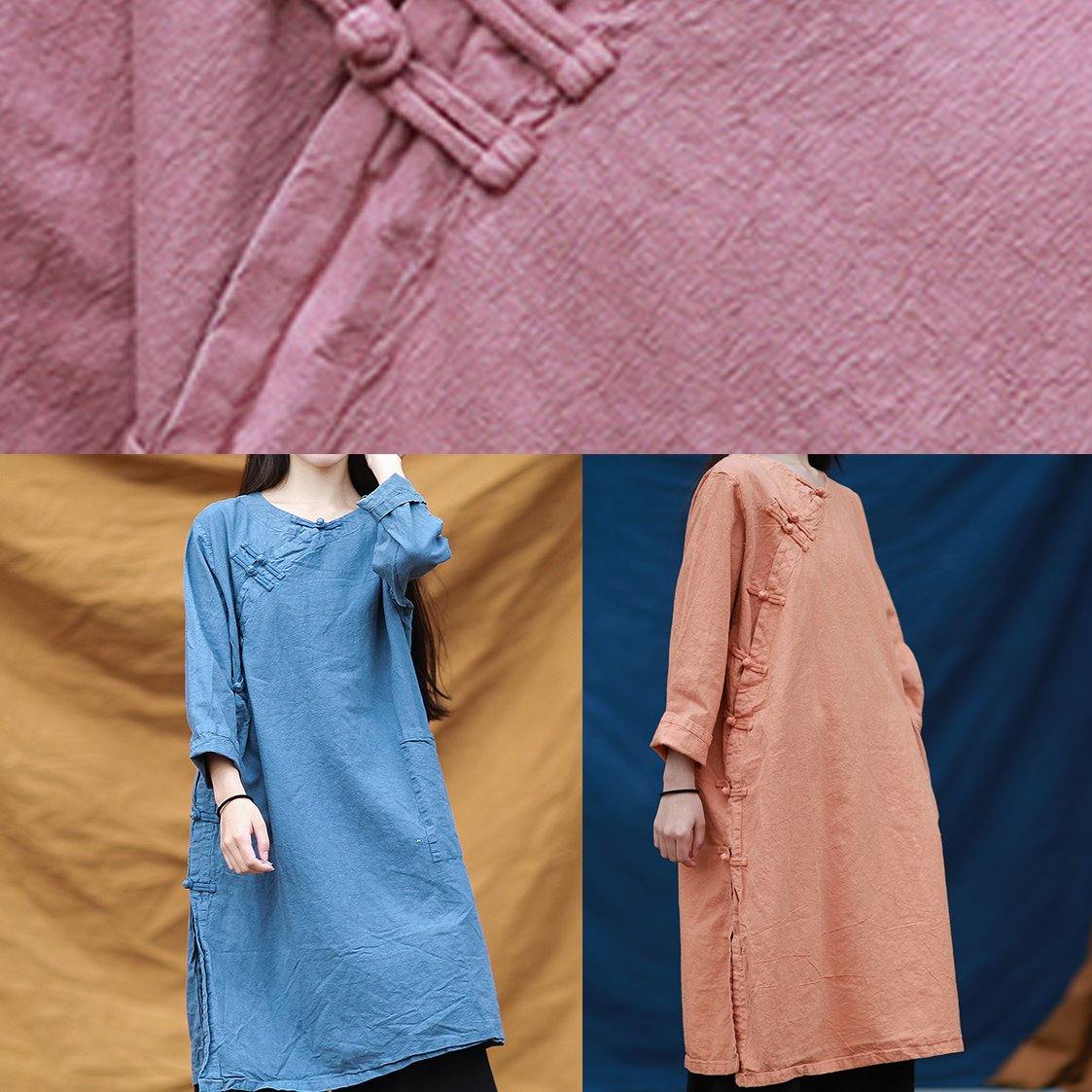 Vivid pink quilting dresses o neck Chinese Button Dresses Dresses - SooLinen