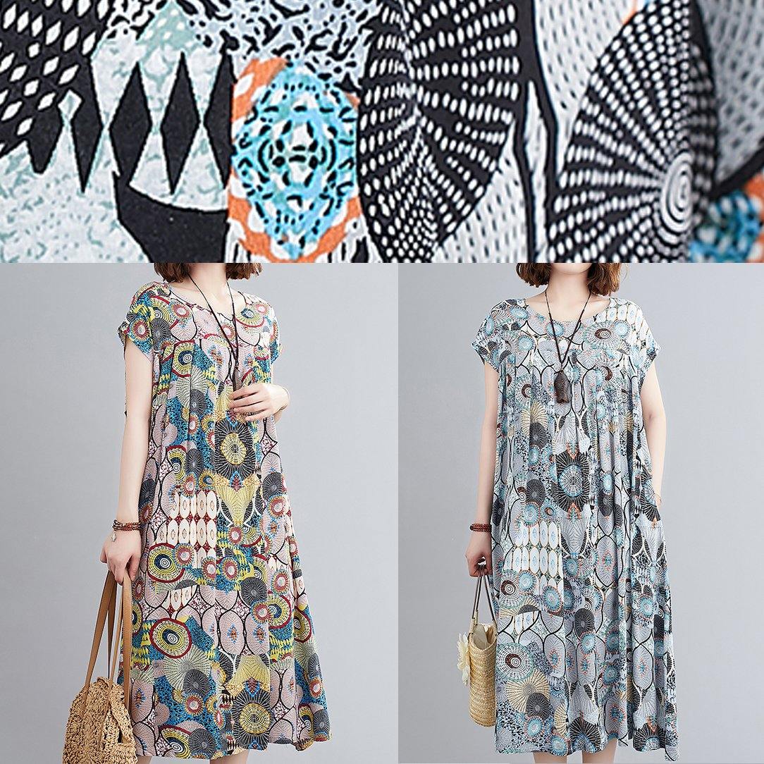 Vivid yellow print outfit o neck Cinched baggy summer Dress - SooLinen