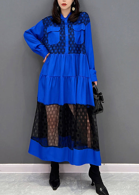Vogue Blau O-Ausschnitt Dot Patchwork Faltig Tüll Maxi Kleider Herbst