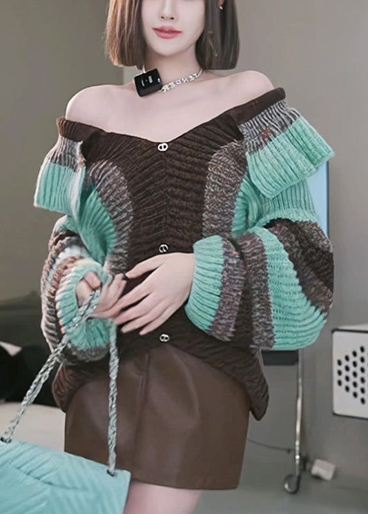 Vogue Blue Slash Neck Striped Thick Cotton Knit Sweaters Lantern Sleeve