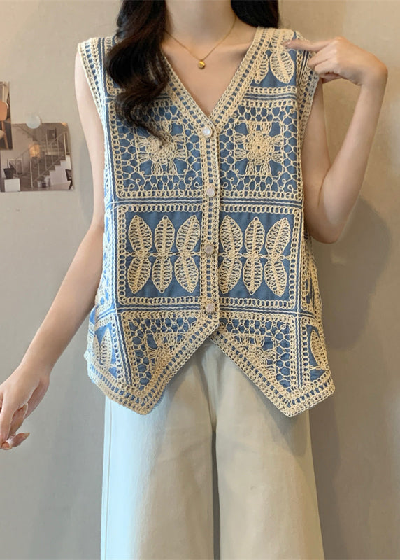 Vogue Blue V Neck Lace Patchwork Waistcoat Vest Sleeveless