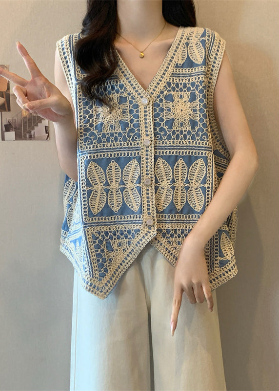 Vogue Blue V Neck Lace Patchwork Waistcoat Vest Sleeveless