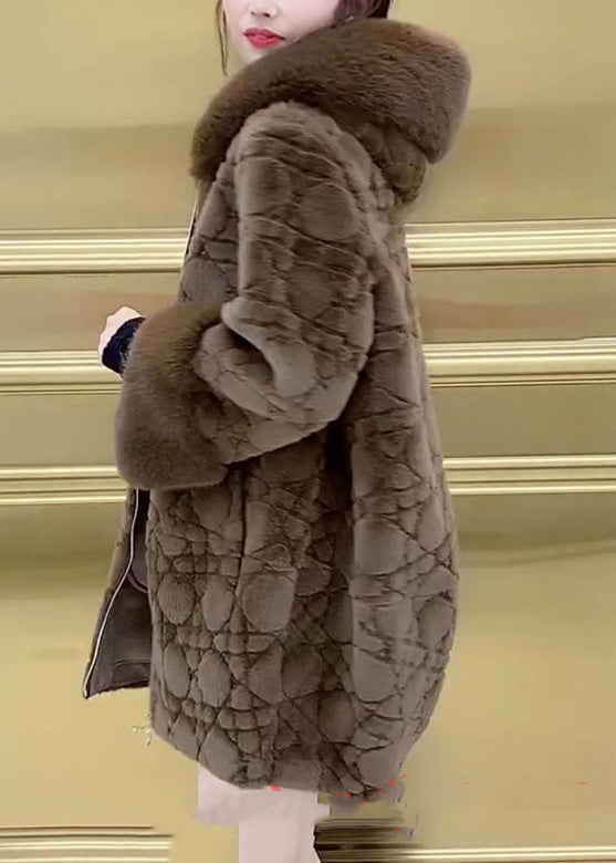 Vogue Braun Pelz Kragen Reißverschluss Nerz Samt Dicke Kapuze Mäntel Winter
