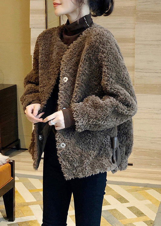 Vogue Chocolate O-Neck Button Dicker Kunstpelzmantel Herbst