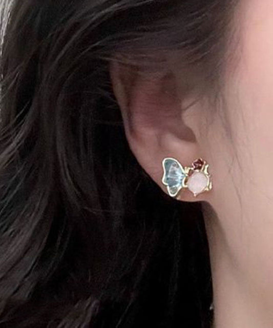 Pendientes de botón con diseño floral, mariposas y cristales esmaltados de aleación con bloques de color Vogue