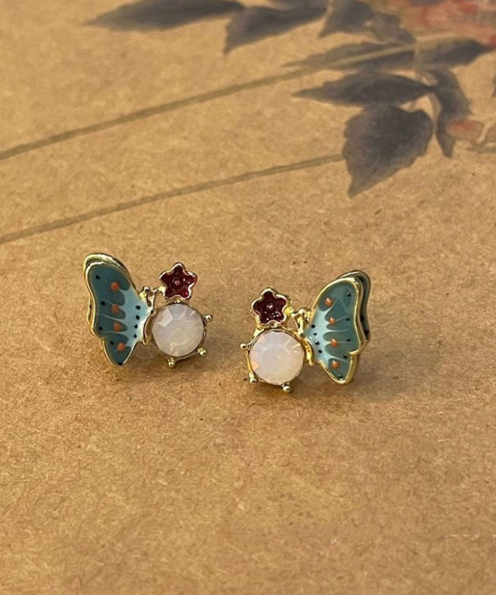 Pendientes de botón con diseño floral, mariposas y cristales esmaltados de aleación con bloques de color Vogue