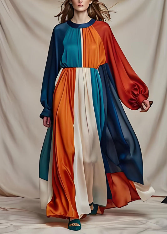 Vogue Colorblock O Hals Patchwork Drapieren Seide Maxi Kleider Langarm