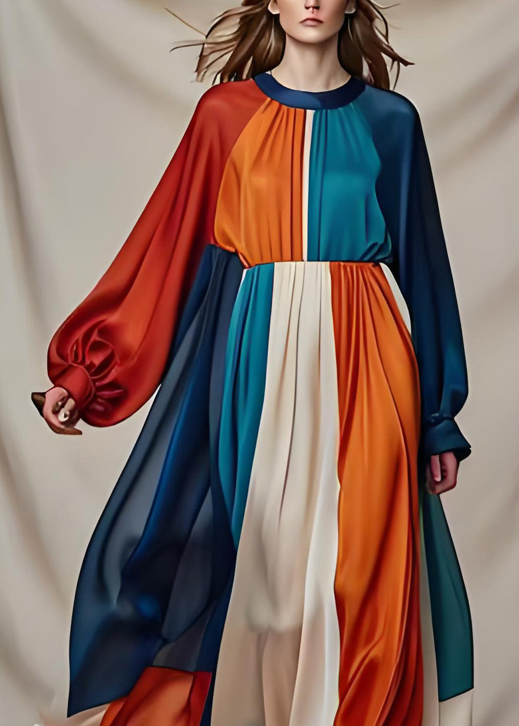 Vogue Colorblock O Hals Patchwork Drapieren Seide Maxi Kleider Langarm