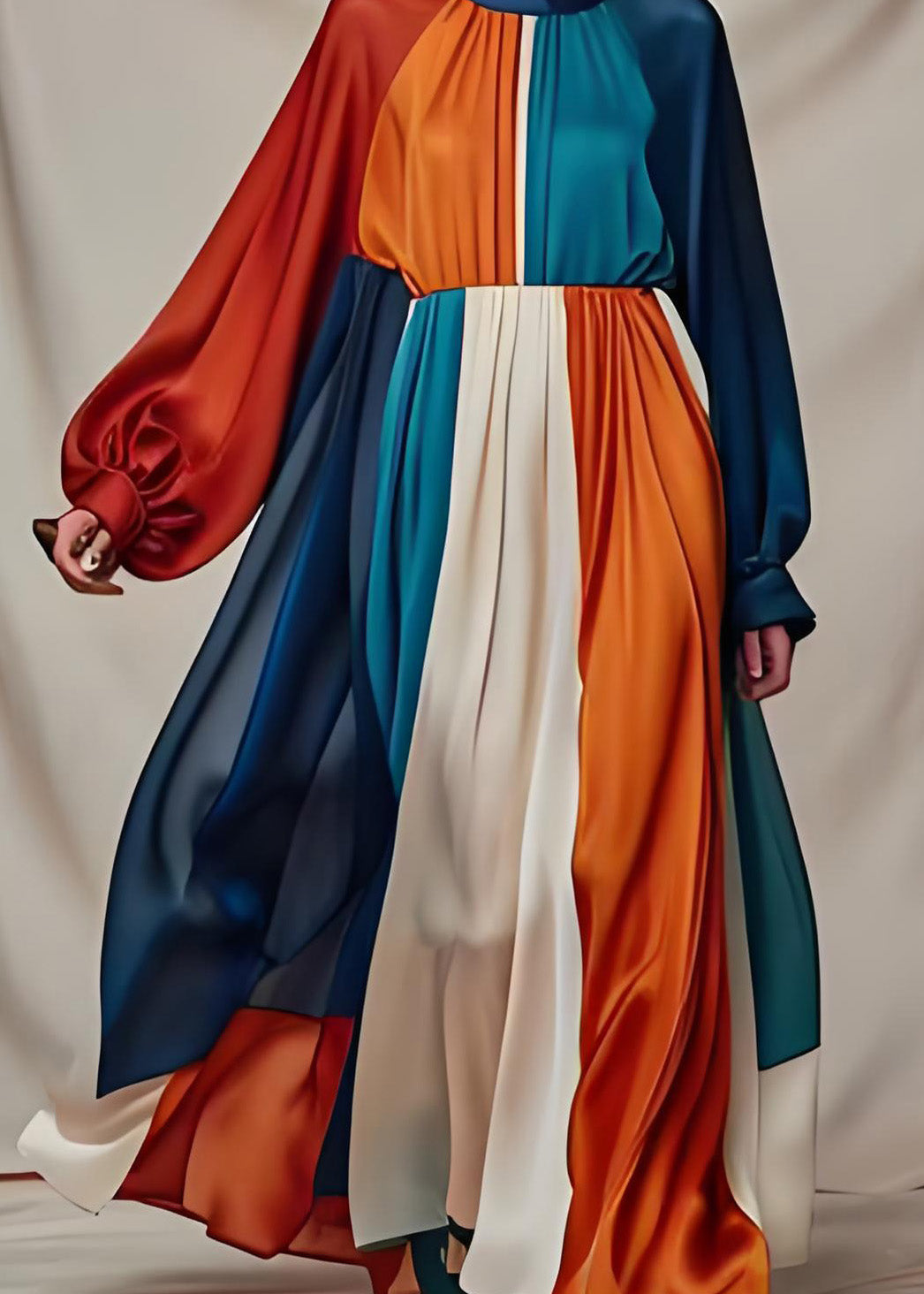 Vogue Colorblock O Hals Patchwork Drapieren Seide Maxi Kleider Langarm
