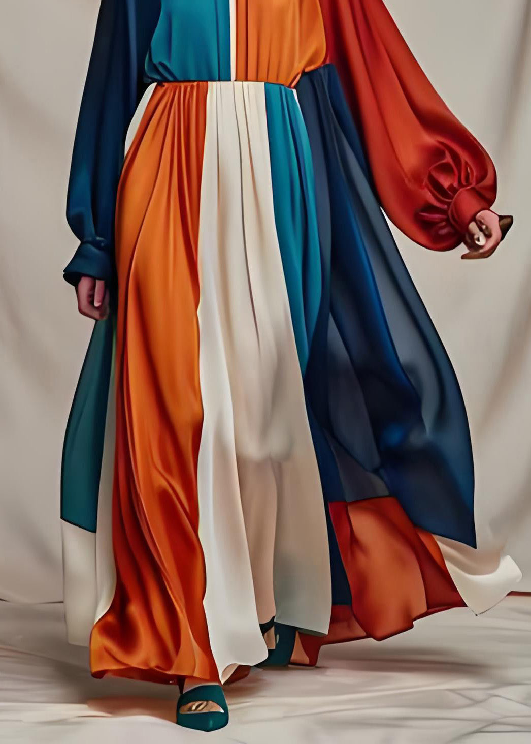 Vogue Colorblock O Hals Patchwork Drapieren Seide Maxi Kleider Langarm