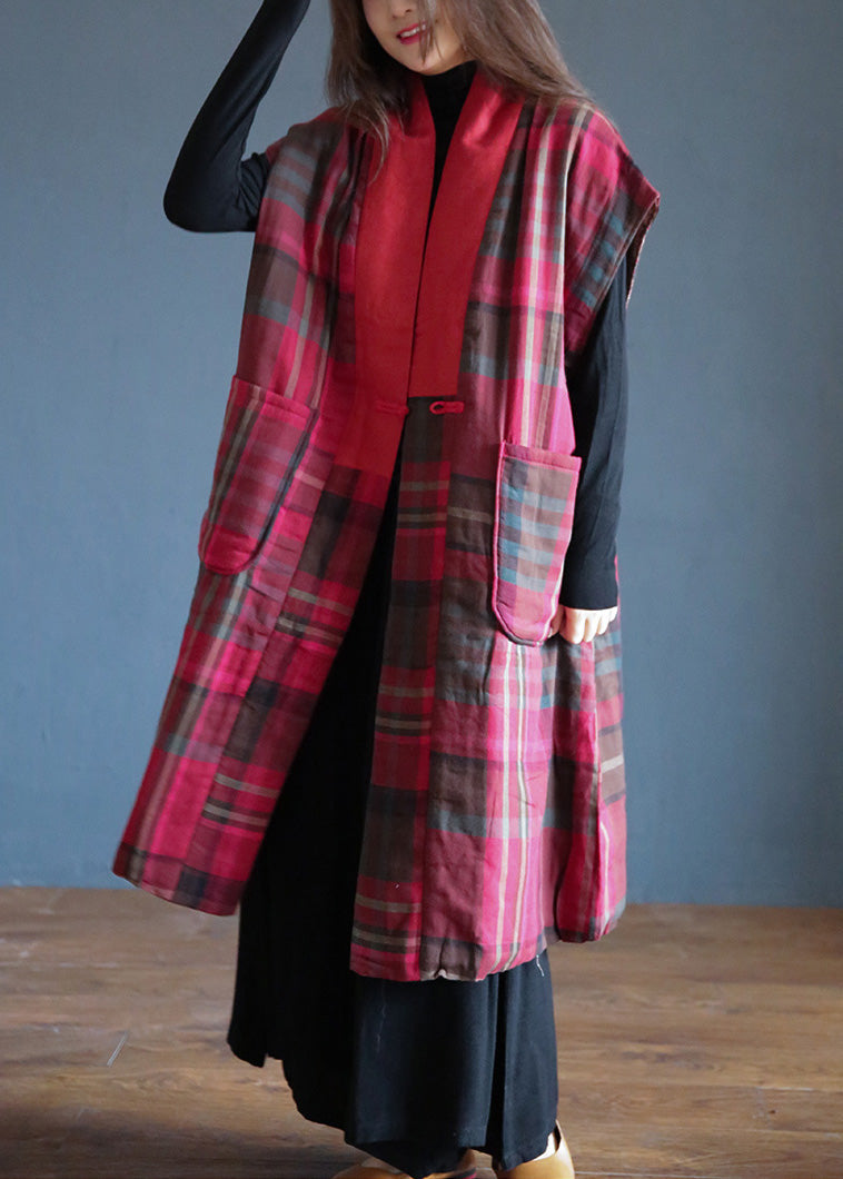 Vogue Rot V-Ausschnitt Plaid Button Warm Fleece Weste Winter