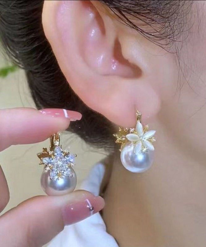Vogue White Copper Overgild Zircon Floral Hoop Earrings