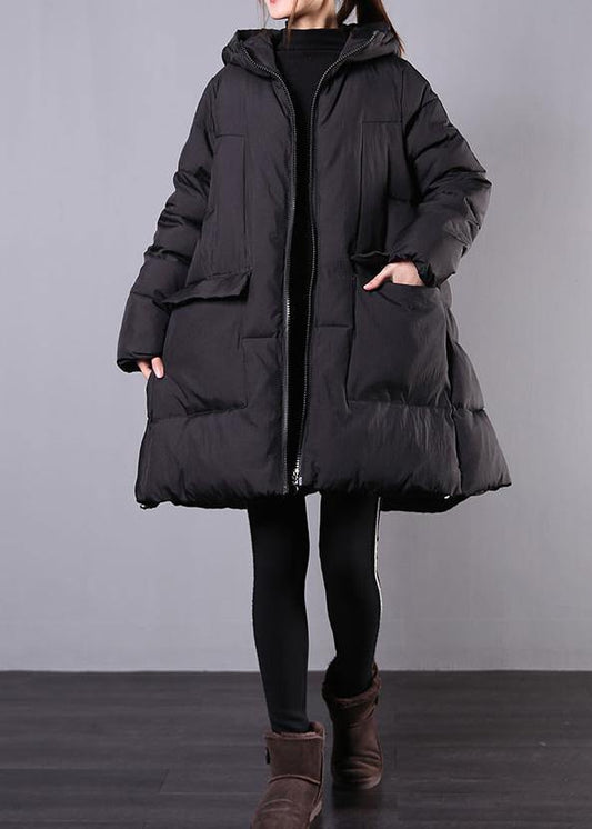 Warm Loose fitting Jackets & Coats winter outwear black hooded zippered womens coats - SooLinen
