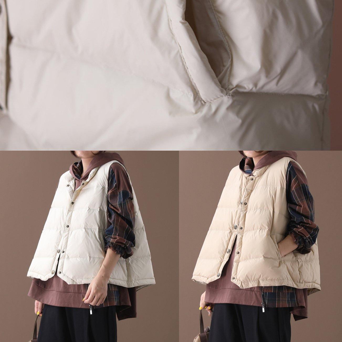 Warm beige Parkas trendy plus size snow jackets winter stand collar sleeveless outwear - SooLinen