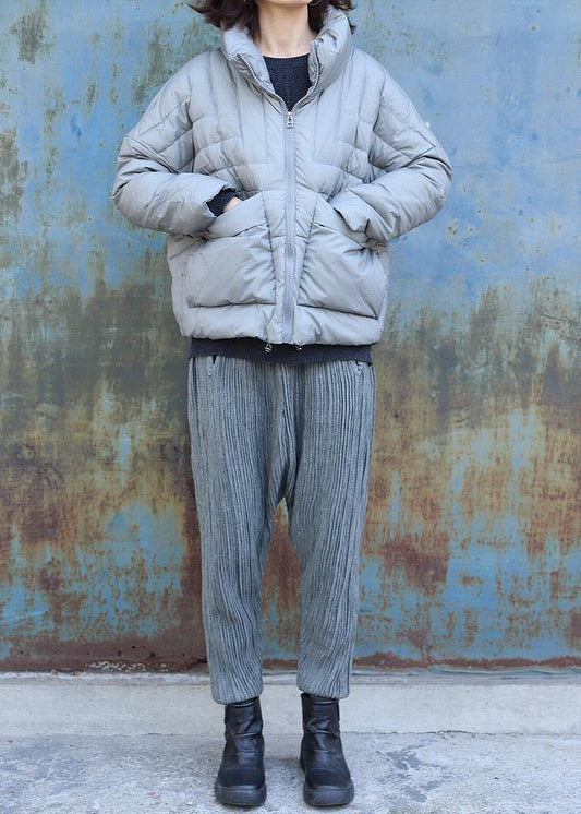 Warm gray overcoat plus size clothing winter jacket stand collar big pockets short winter outwear - SooLinen