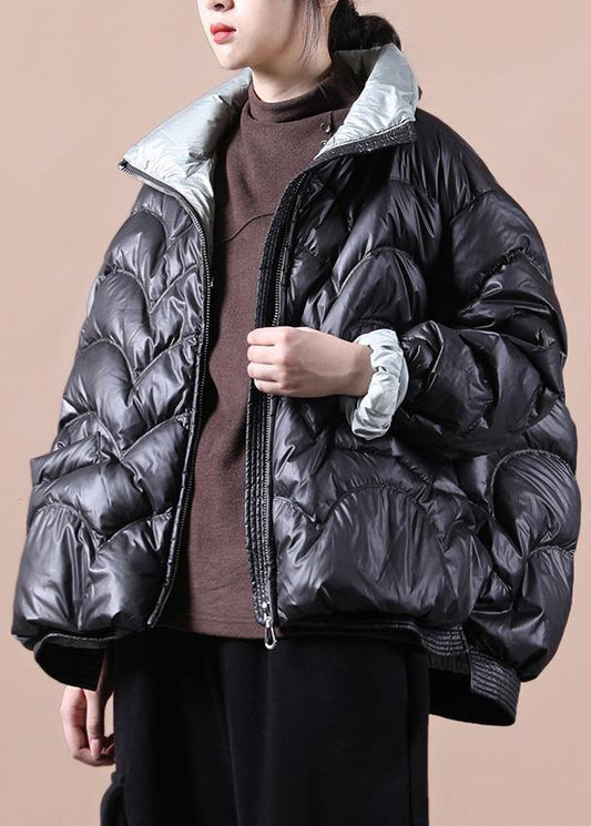 Warm oversize snow jackets overcoat black stand collar zippered warm winter coat - SooLinen