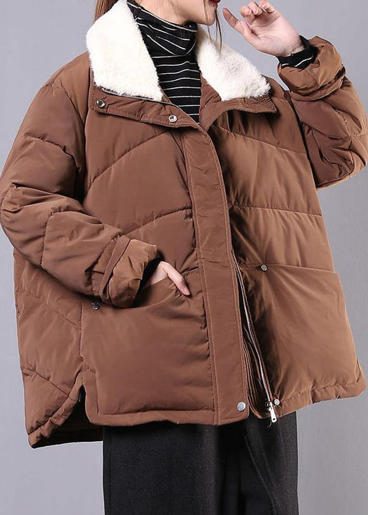 Warm plus size down jacket lapel coats chocolate pockets zippered winter parkas - SooLinen