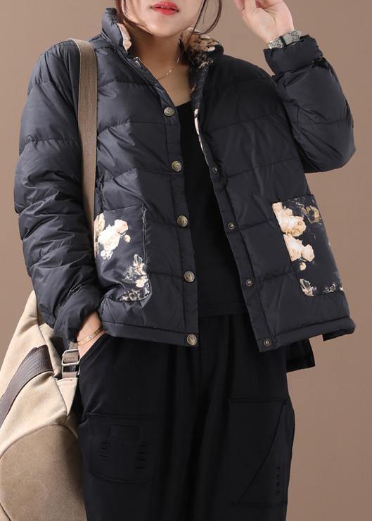 Warm women parka coats black patchwork print stand collar pockets warm winter coat - SooLinen