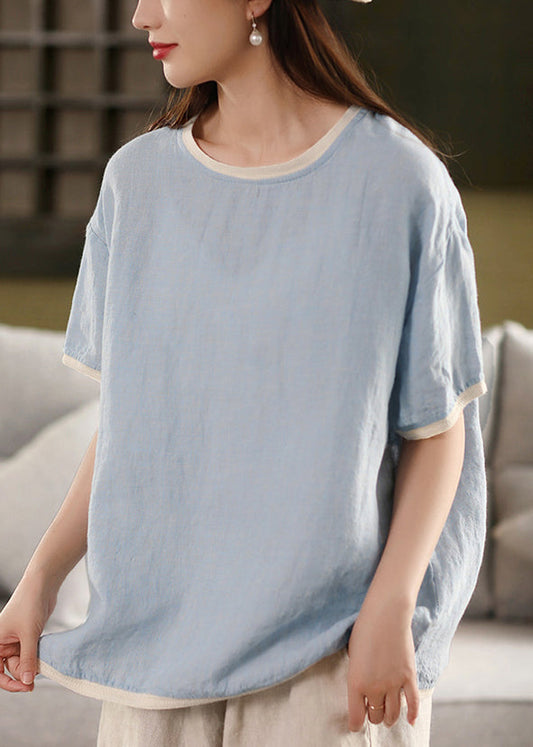 Watermelon Red Button Solid Patchwork Linen Summer T Shirt O Neck