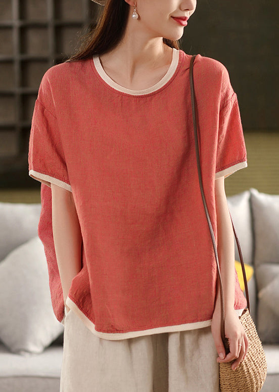 Watermelon Red Button Solid Patchwork Linen Summer T Shirt O Neck