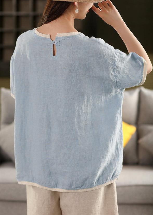 Watermelon Red Button Solid Patchwork Linen Summer T Shirt O Neck