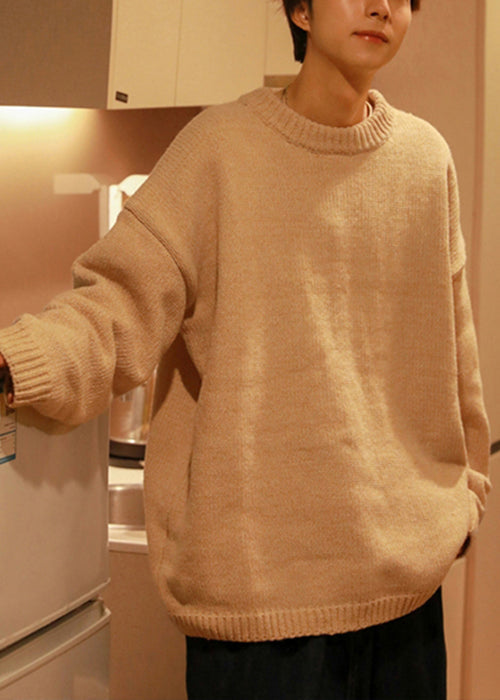 White Cozy Thick Knit Fall Men Sweaters O Neck